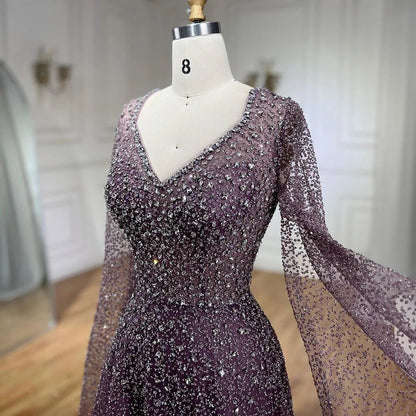 Serene Hill 2025 Customized Saudi Arabic Caramel Beaded Cape Sleeves A Line Evening Dresses For Formal Occasion LA72147A