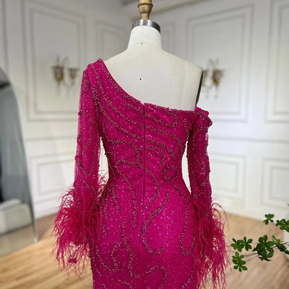Serene Hill Blue Mermaid Elegant One-Shoulder Beaded Feathers  Evening Dress Gown for 's Wedding Party 2025 LA72395 Customized