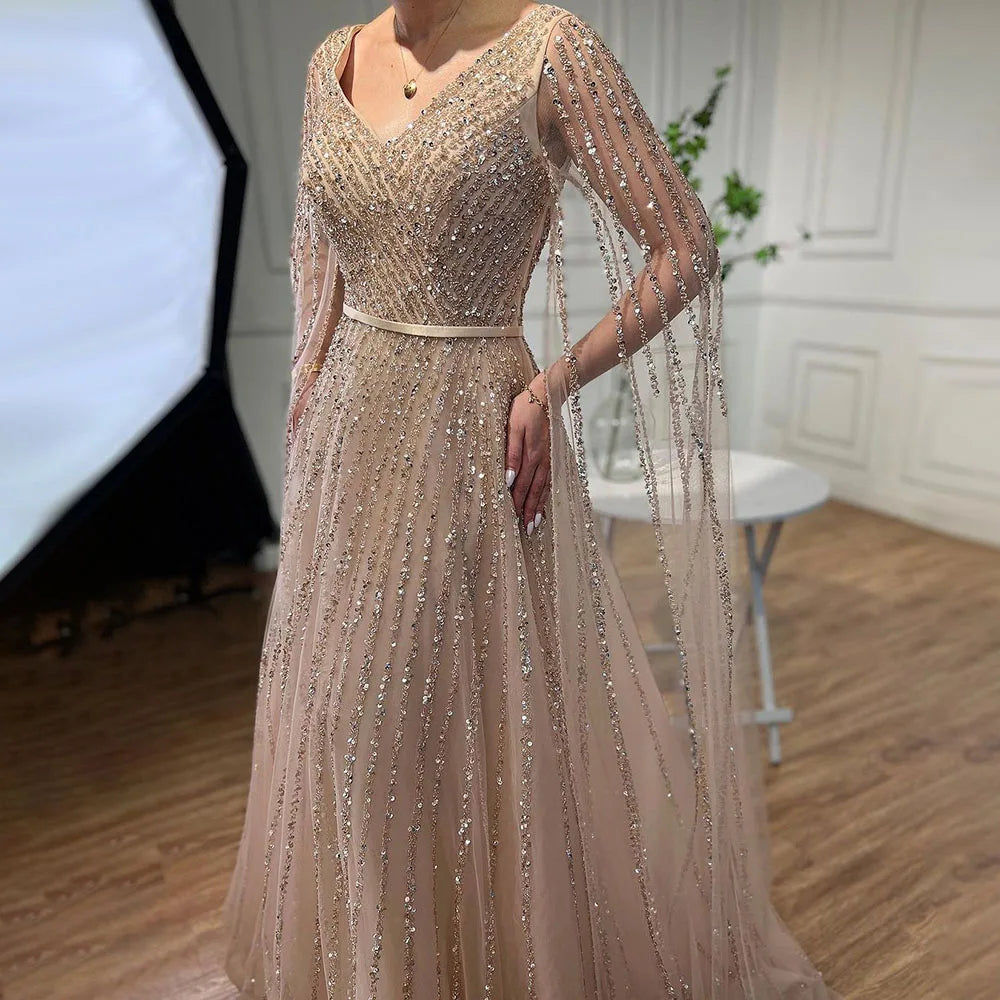 Serene Hill Mint Cape Sleeves A Line Beaded  Dubai Evening Dresses Long 2025 Celebrity Gowns For  Party LA71865 Customized