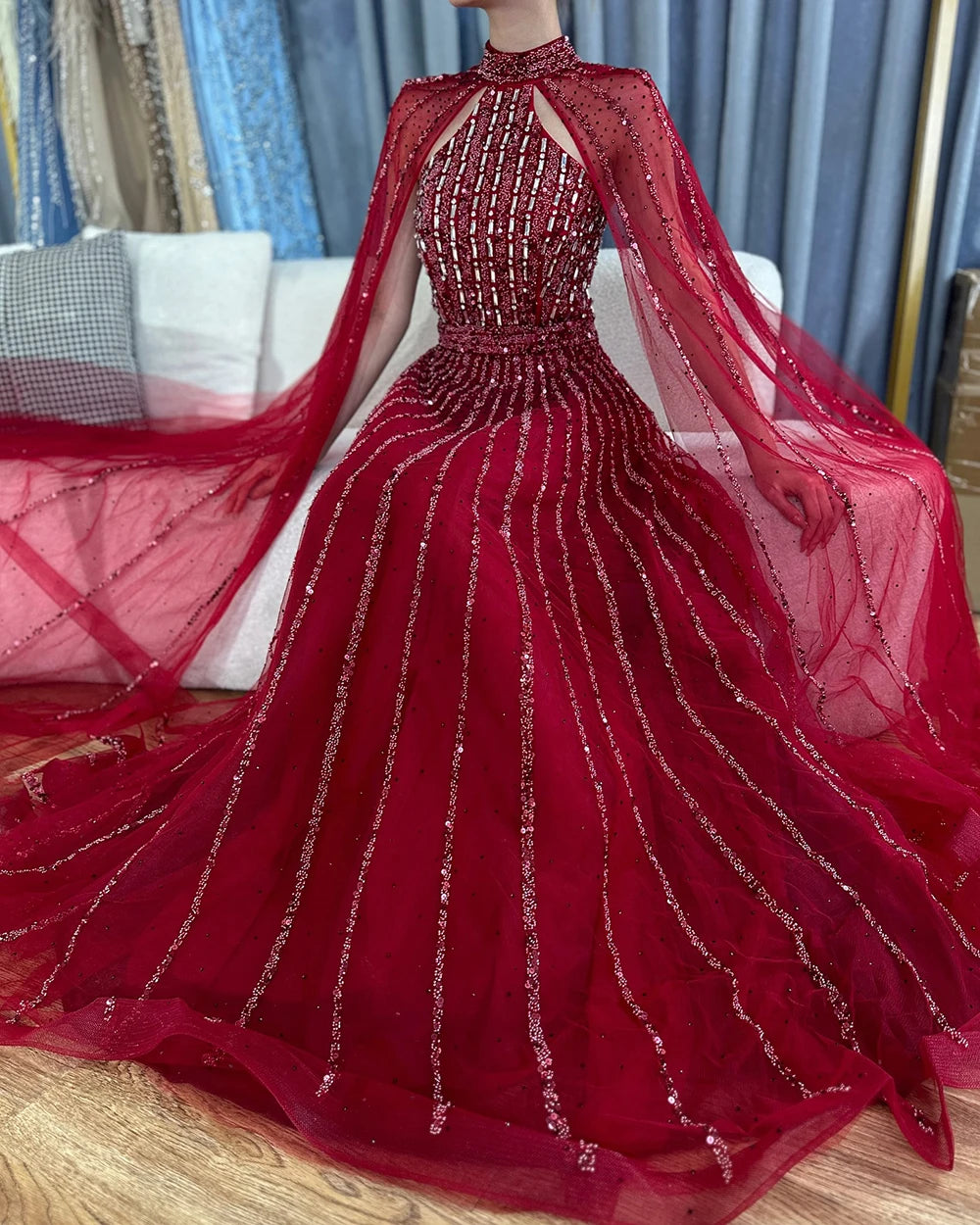 Serene Hill Arabic Turquoise A Line Cape Sleeve Beaded   Evening Dresses Gowns For Occasion 2025 LA72306A Customized