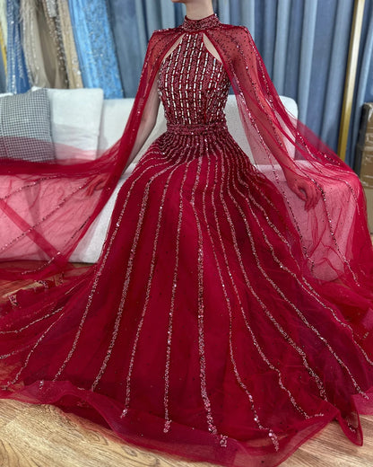Serene Hill Arabic Turquoise A Line Cape Sleeve Beaded   Evening Dresses Gowns For Occasion 2025 LA72306A Customized
