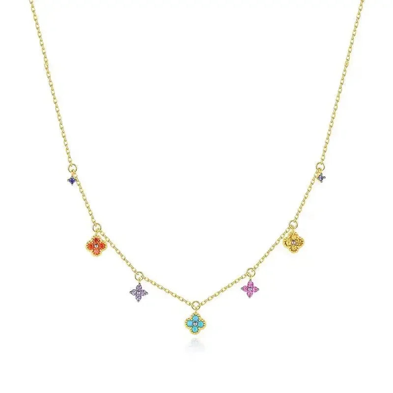 French Style Retro Dopamine Clover Design Necklaces   Colorful Zircon Earrings Clavicle Chain Bracelets Jewelry Sets For Women