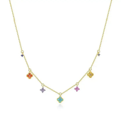French Style Retro Dopamine Clover Design Necklaces   Colorful Zircon Earrings Clavicle Chain Bracelets Jewelry Sets For Women