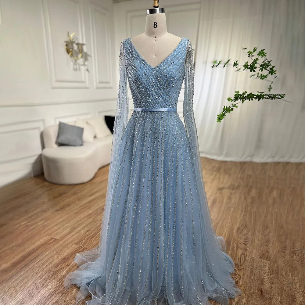 Serene Hill Mint Cape Sleeves A Line Beaded  Dubai Evening Dresses Long 2025 Celebrity Gowns For  Party LA71865 Customized