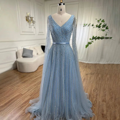 Serene Hill Mint Cape Sleeves A Line Beaded  Dubai Evening Dresses Long 2025 Celebrity Gowns For  Party LA71865 Customized