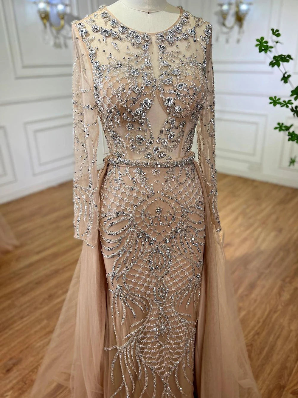 Serene Hill Muslim Silver Nude Mermaid Gown with Detachable Overskirt Beaded Evening Dress for Women Wedding Party 2025 LA71919