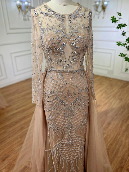 Serene Hill Muslim Silver Nude Mermaid Gown with Detachable Overskirt Beaded Evening Dress for Women Wedding Party 2025 LA71919