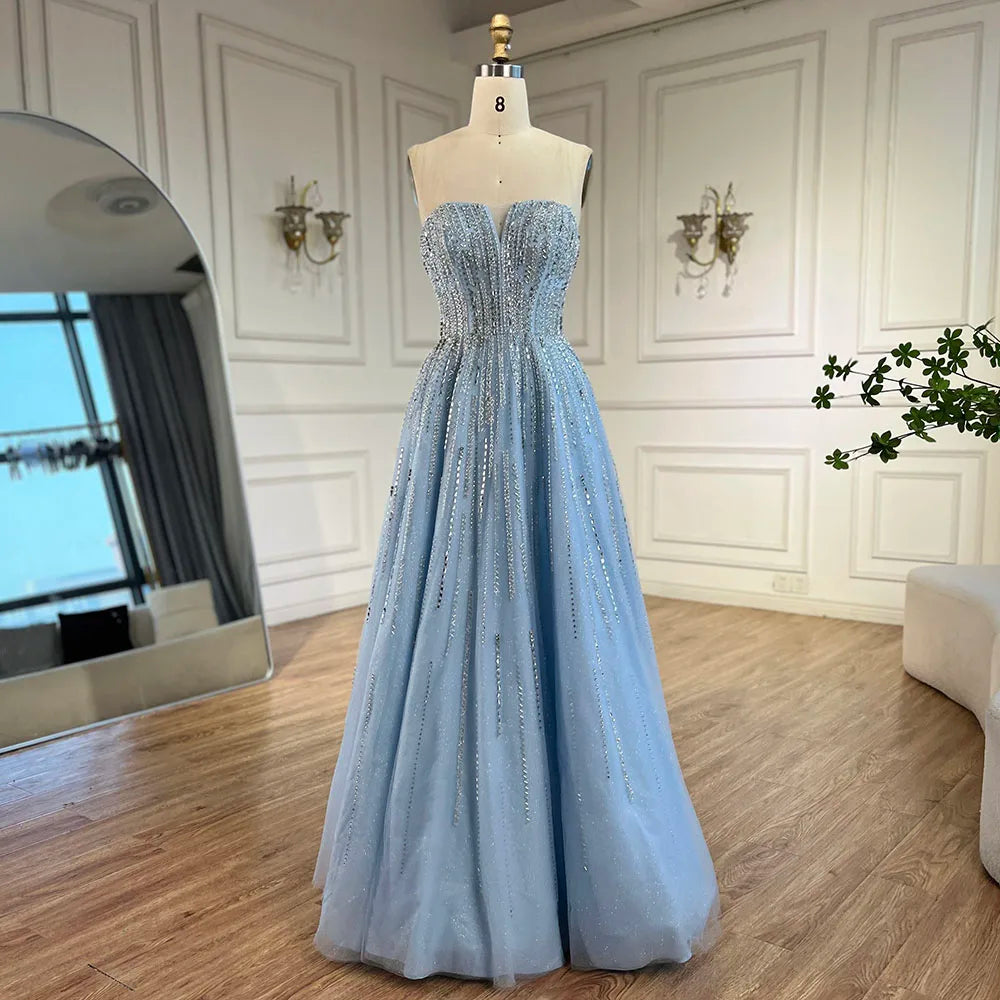 Serene Hill 2025 Arabic Blue Cape  A-Line Beaded Evening Dresses Long Celebrity Gowns  LA72427 Customized