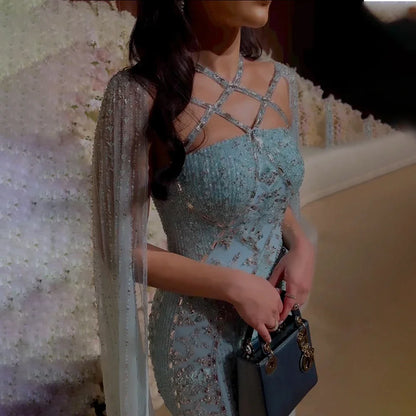 Luxury Mermaid Cape Sleeves Evening Dress Elegant Blue Beaded Crystal Tulle Prom Gowns Floor Length Party vestido For Women