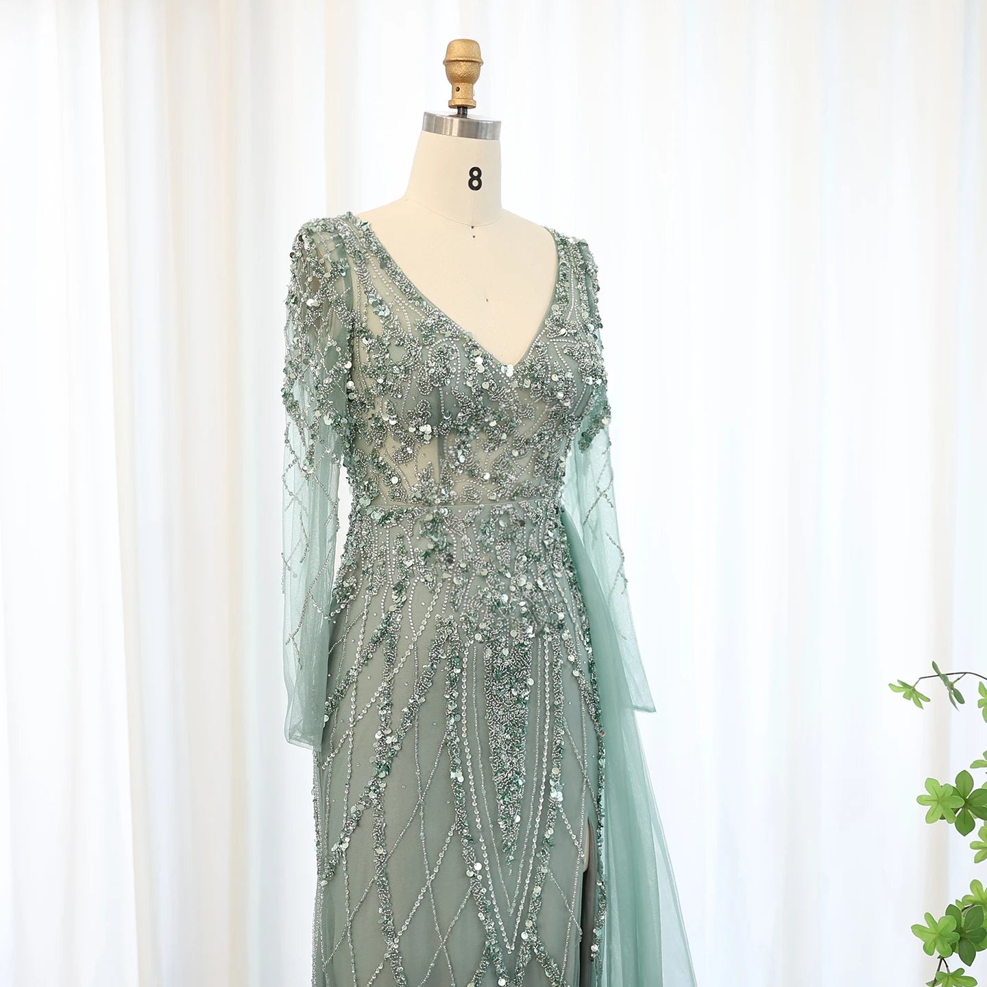 Sharon Said Turquoise Green Meramid Long Sleeves Evening Dress with Overskirt Slit Luxury for Wedding Party SS181 Customized
