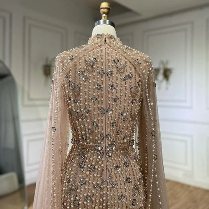 Muslim Nude Mermaid Cape Sleeves Pearls Beaded Luxury Dubai Evening Dresses Gowns 2025 Wedding Party LA72372 Customized