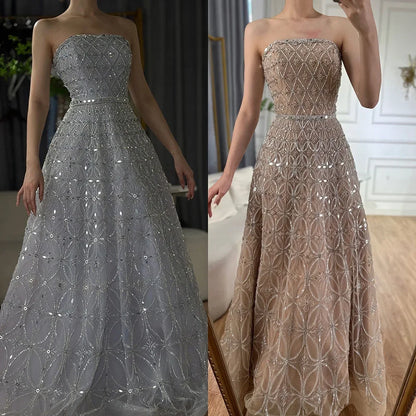 Serene Hill 2025 Customized Arabic Gray A Line Beaded Long Evening Dresses Gowns For Occasion LA72755