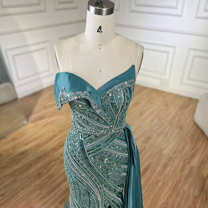 2025 Arabic Turquoise Beaded Evening Dresses  Dubai Elegant One Shoulder  Wedding Party Gowns LA72335  Customized