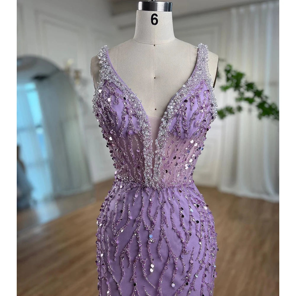 Serene Hill Pink Mermaid High Split Evening Dresses Feather Beaded Gowns Long 2025 For Women Wedding Party LA72152 Customized