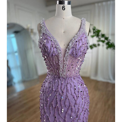 Serene Hill Pink Mermaid High Split Evening Dresses Feather Beaded Gowns Long 2025 For Women Wedding Party LA72152 Customized