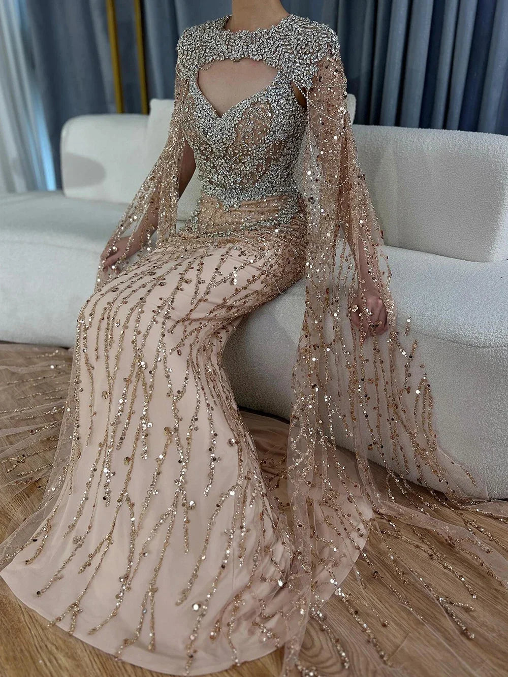 Serene Hill 2025 Nude Mermaid Evening Dress with Beaded Removable Cape Sleeves Gown for Formal Occasion LA72539 Customized