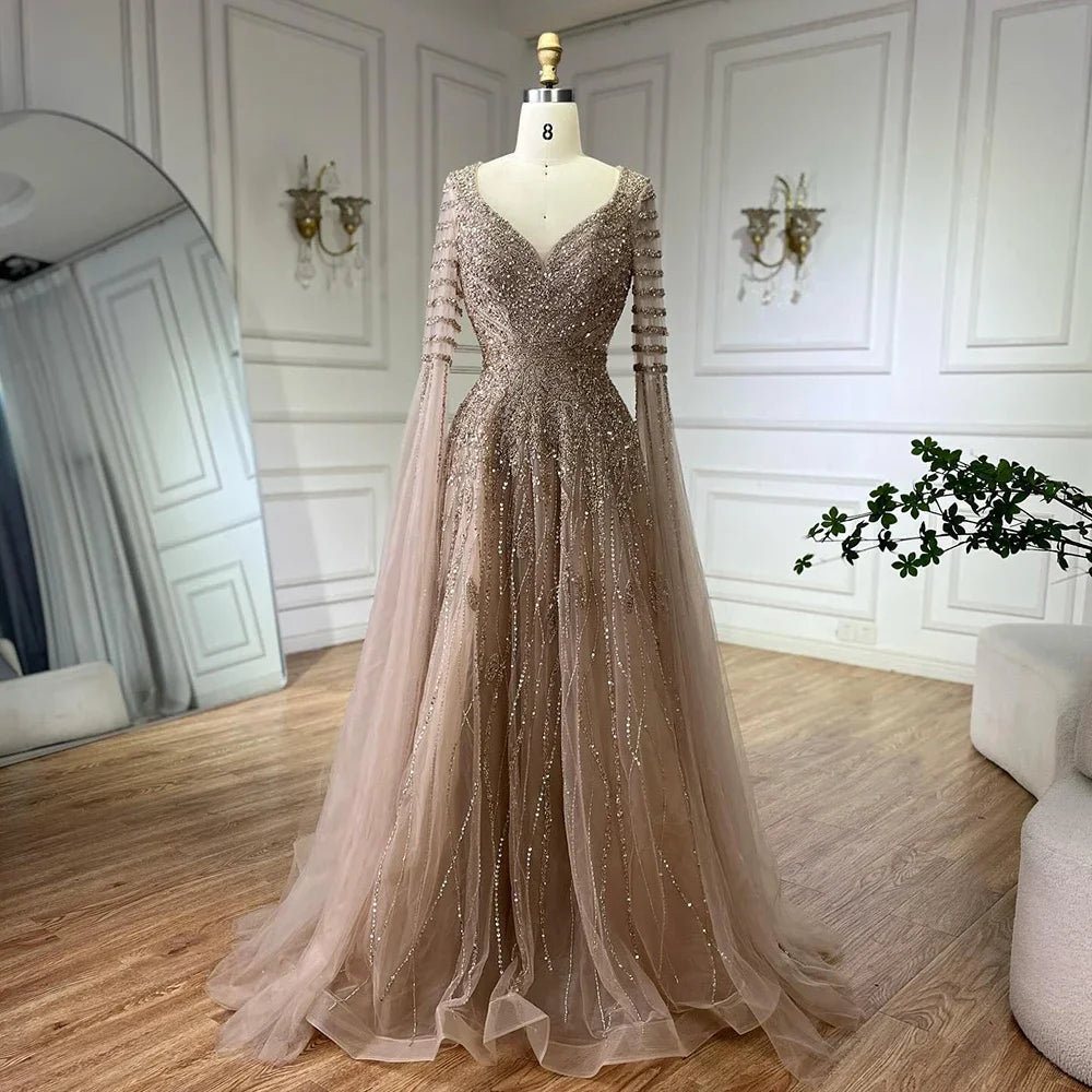Customized 2025 Arabic Caramel Elegant A-Line Beaded Long Evening Dresses Gowns With Cape Sleeves For Formal Occasio LA72750