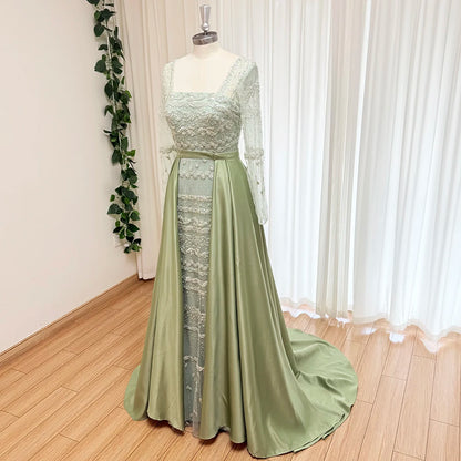 Elegant Pearls Evening Dress for Women with Detachable Skirt 2025 Luxury Long Sleeves Formal Prom Wedding Party Gown Customized