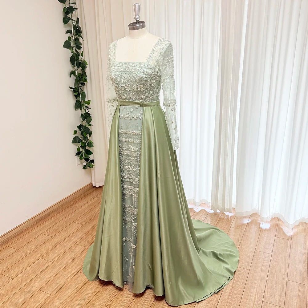 Elegant Pearls Evening Dress for Women with Detachable Skirt 2025 Luxury Long Sleeves Formal Prom Wedding Party Gown Customized