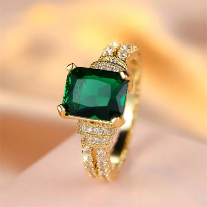 Green Crystal Square Stone Engagement Rings For Women Yellow Gold Color Wedding Band Jewelry May Birthstone Mother's Day Gifts