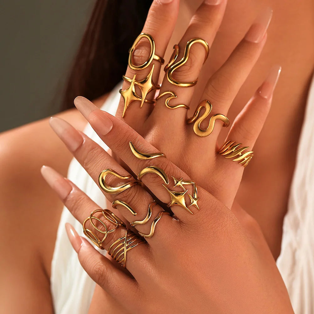 Stainless Steel Irregular Wave Rings For Women Creative Gold Color Adjustable Open Ring Female Jewelry Punk Rapper Anillos Gifts