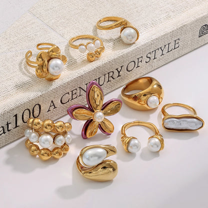 Uworld 18K Gold Color Plated Stainless Steel Flower Pearl Ring Irregular Opposite Sex Pearls Stackable Ring Women's Jewelry Part