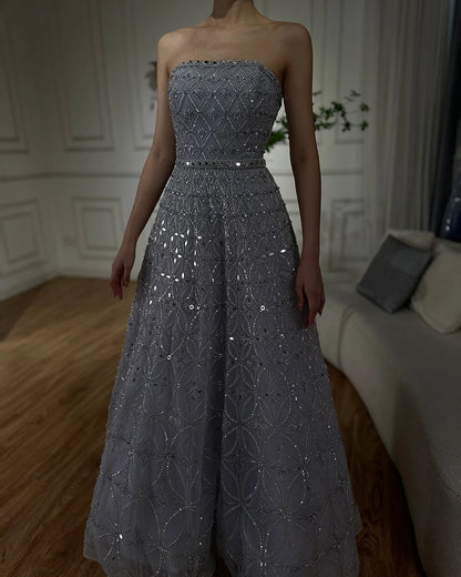 Serene Hill 2025 Customized Arabic Gray A Line Beaded Long Evening Dresses Gowns For Occasion LA72755