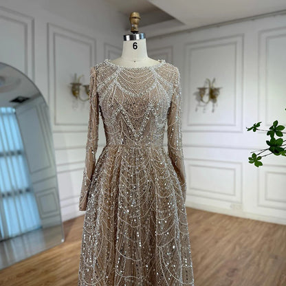 Luxury Olive Green Long Sleeve Beaded A Line Evening Gown for Wedding Party Prom Serene Hill 2025 Customized LA72738B Plus Size
