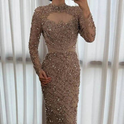 Luxury Caramel Beaded Evening Dress with High Neck Long Sleeves Mermaid Gown Serene Hill 2025 Customized LA71747A