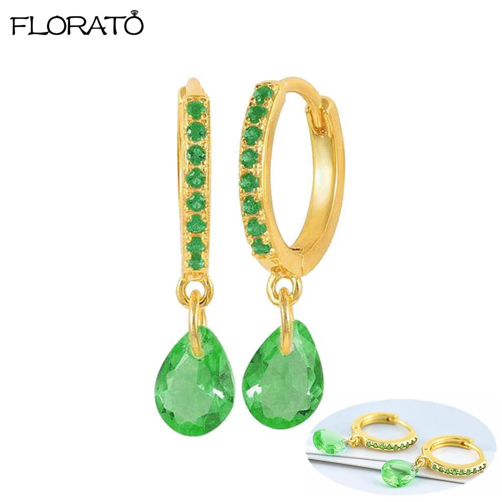 925 Sterling Silver Needle Luxury Green Zircon Pendant Earrings Trend Gold Color Small Hoop Earrings for Women Fashion Jewelry
