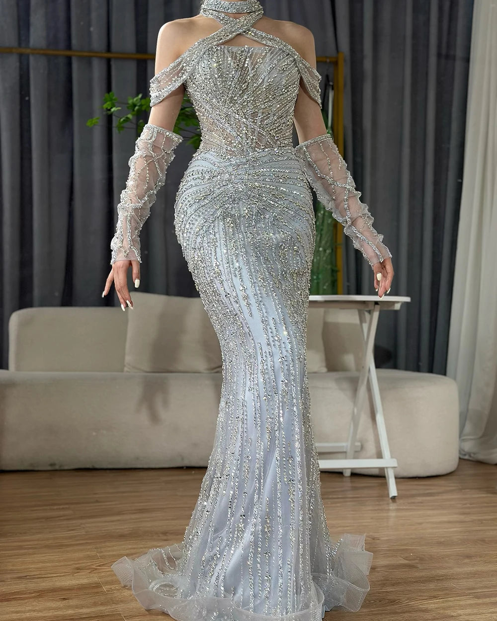 Serene Hill Arabic Gray Decorative Halter Mermaid Evening Dresses Beaded Dress For Formal Occasion LA72651 Customized 2025