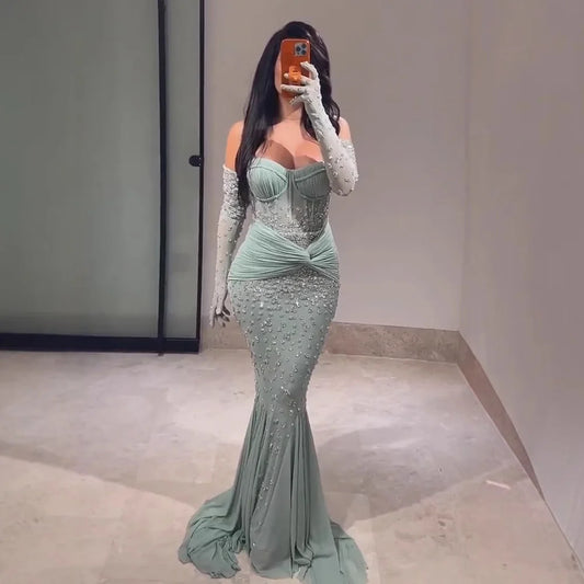 Turquoise Strapless Beaded Mermaid Evening Dress with Gloves Prom Gown Serene Hill 2025 Customized LA72933