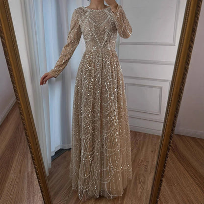 Luxury Olive Green Long Sleeve Beaded A Line Evening Gown for Wedding Party Prom Serene Hill 2025 Customized LA72738B Plus Size