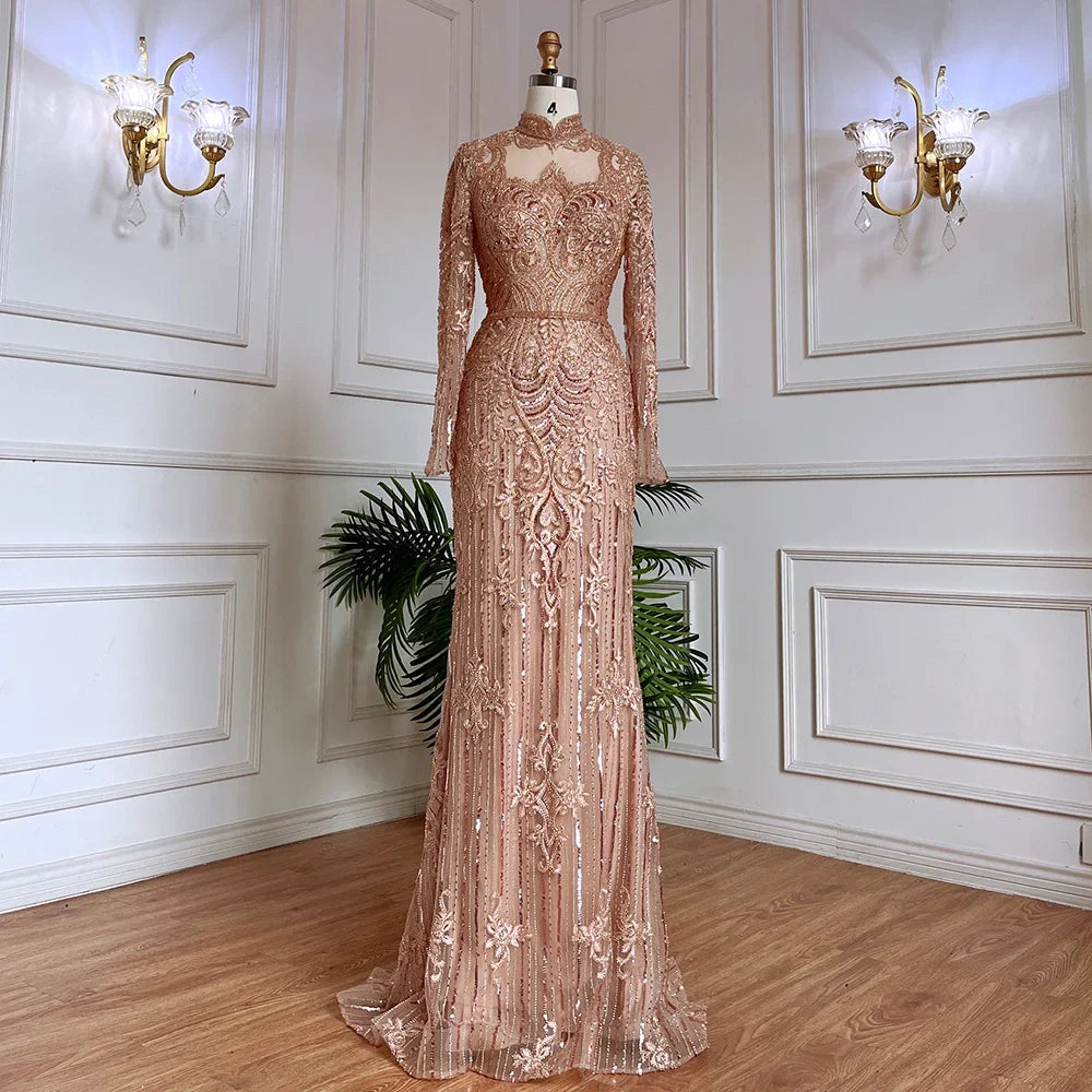 Serene Hill Muslim Green Mermaid Lace Beaded Crystal Luxury Dubai Evening Dresses Gowns For  Party 2025 LA71983 Customized