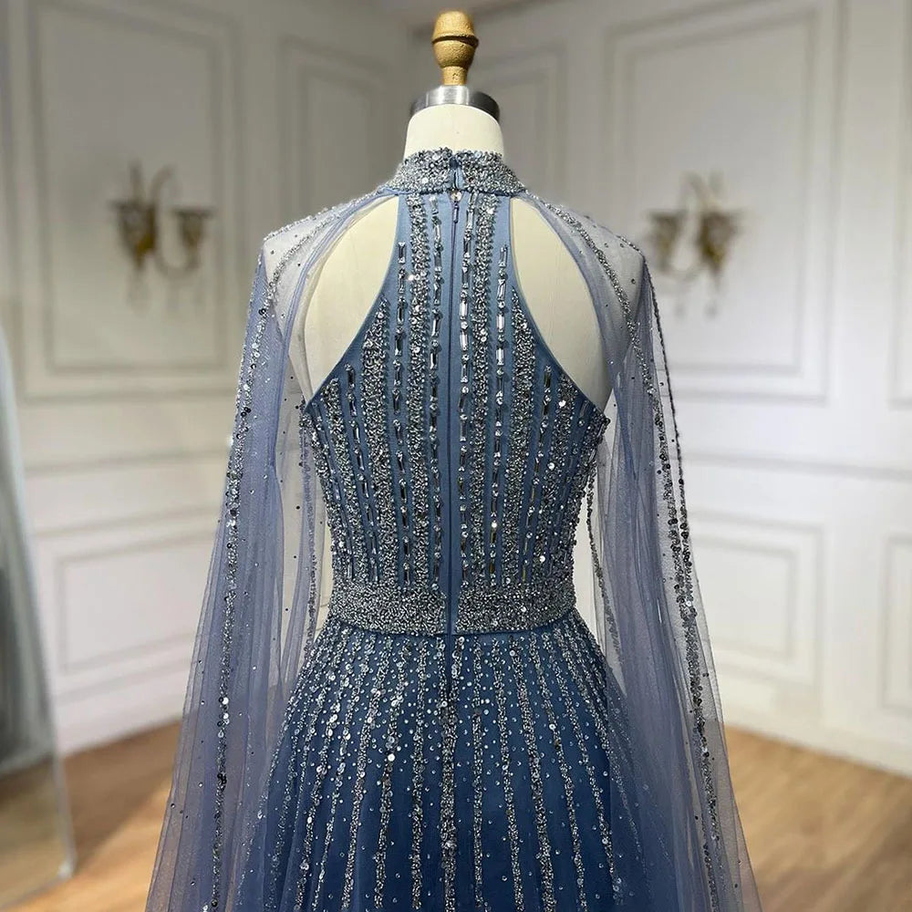 Serene Hill Arabic Turquoise A Line Cape Sleeve Beaded   Evening Dresses Gowns For Occasion 2025 LA72306A Customized