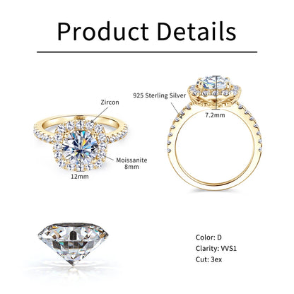 RAPRGOLD 2CT D Color Moissanite Ring s925 Sterling Silver Brilliant Diamond Halo Engagement Rings for Women Fine Jewelry Gifts