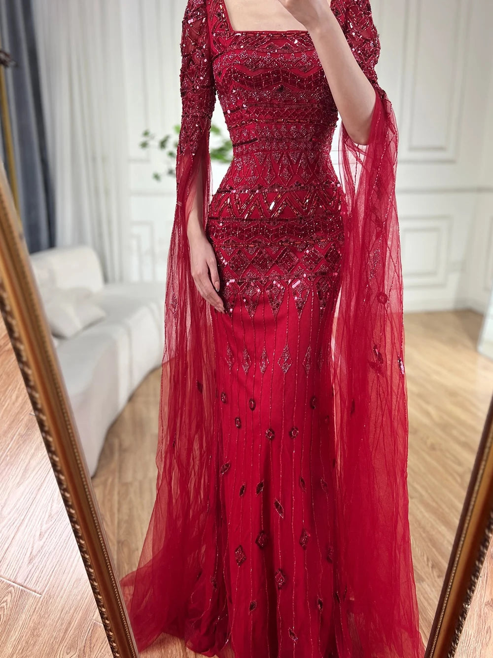 2025 Caramel With Beaded Cape Sleeves Design Mermaid Long Evening Dresses Gowns For Women's Wedding Party LA72355A Customized