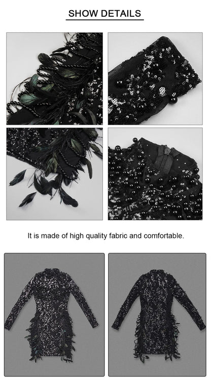 VC Black Long Sleeve Short Dress Turtle Neck Feather Pearl Embellished Handmade Beads Prom Celebrity Cocktail Party Evening Gown