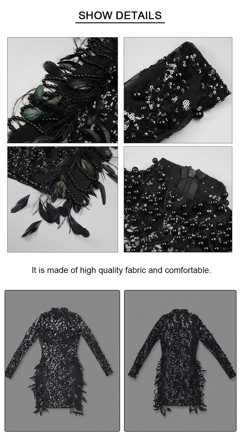 VC Black Long Sleeve Short Dress Turtle Neck Feather Pearl Embellished Handmade Beads Prom Celebrity Cocktail Party Evening Gown