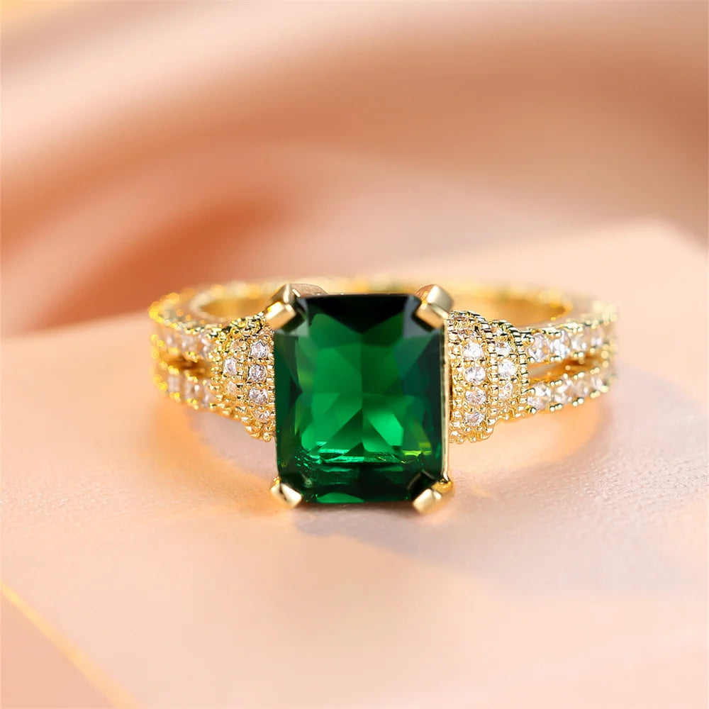 Green Crystal Square Stone Engagement Rings For Women Yellow Gold Color Wedding Band Jewelry May Birthstone Mother's Day Gifts