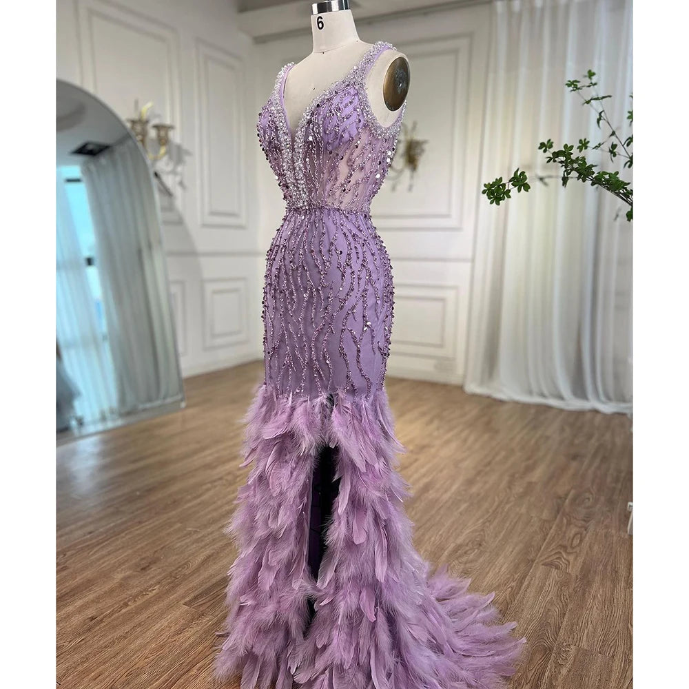 Serene Hill Pink Mermaid High Split Evening Dresses Feather Beaded Gowns Long 2025 For Women Wedding Party LA72152 Customized